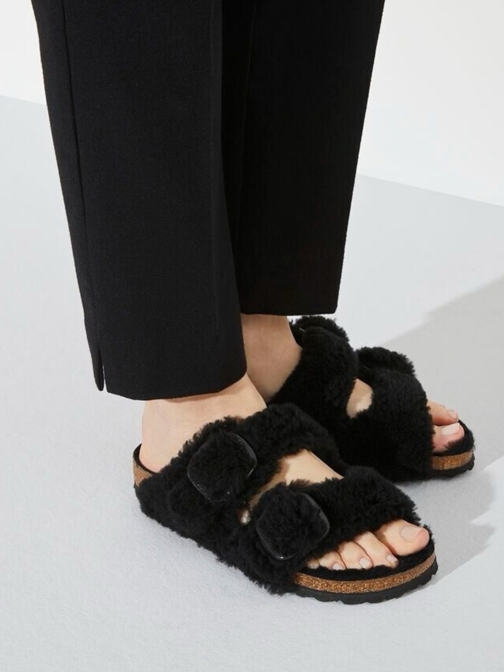 BIRKENSTOCK Papillio Arizona Teddy Shearling Fur Platform Sandals Black Size 37